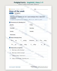 Angielski dla klas 1–3 — 20 kart pracy PDF z kluczem — podgląd karty 9 (days of the week)