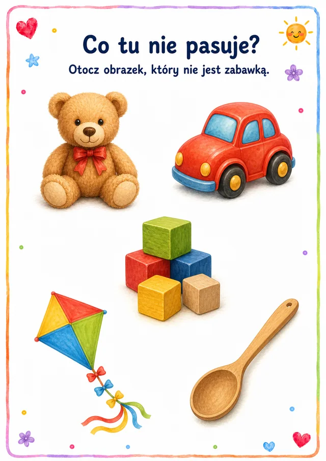 Co tu nie pasuje — zestaw 2 (6 kart) – karta pracy do druku dla dzieci (4–6 lat)
