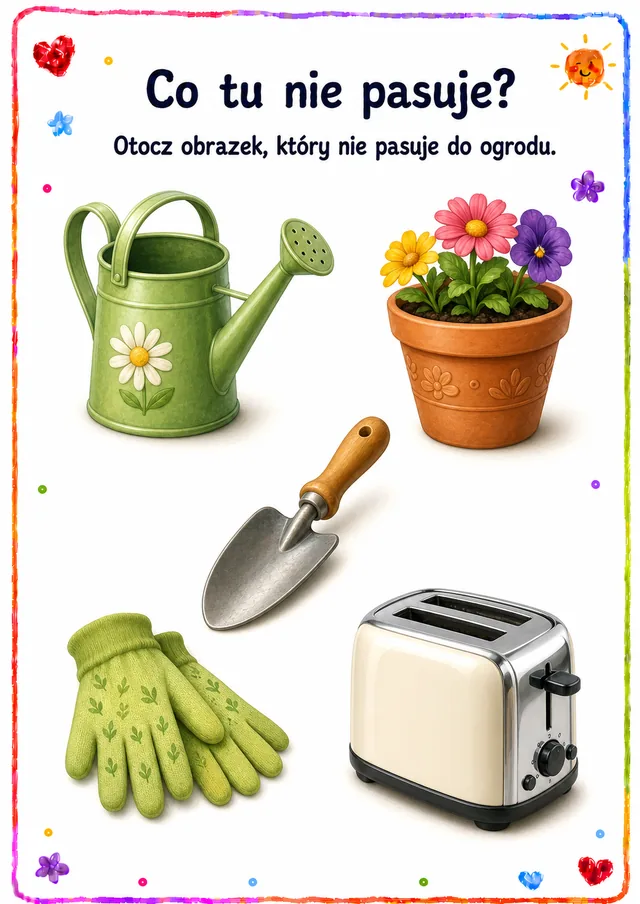 Co tu nie pasuje — zestaw 4 (6 kart) – karta pracy do druku dla dzieci (4–6 lat)