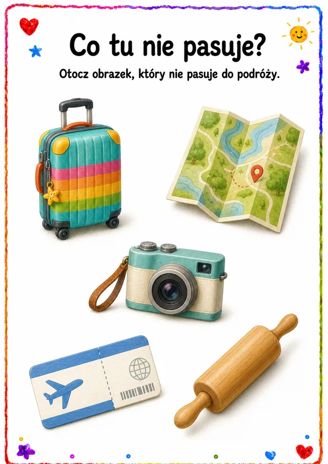 Co tu nie pasuje — zestaw 6 (6 kart) – karta pracy do druku dla dzieci (4–6 lat)