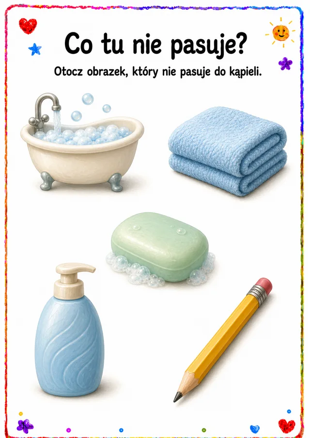Co tu nie pasuje — zestaw 7 (6 kart) – karta pracy do druku dla dzieci (4–6 lat)