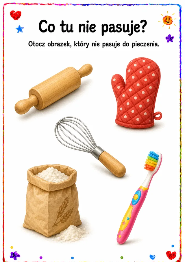 Co tu nie pasuje — zestaw 8 (6 kart) – karta pracy do druku dla dzieci (4–6 lat)
