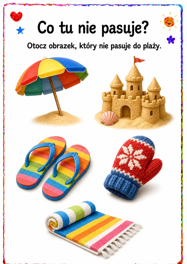Co tu nie pasuje — zestaw 9 (6 kart) – karta pracy do druku dla dzieci (4–6 lat)