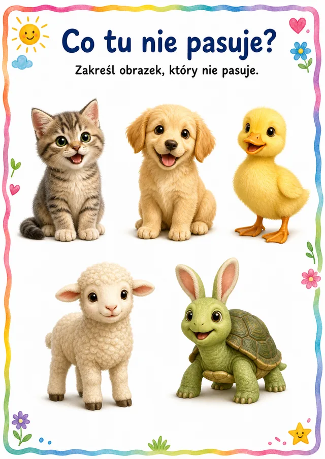 Co tu nie pasuje — zestaw 11 (6 kart) – karta pracy do druku dla dzieci (4–6 lat)