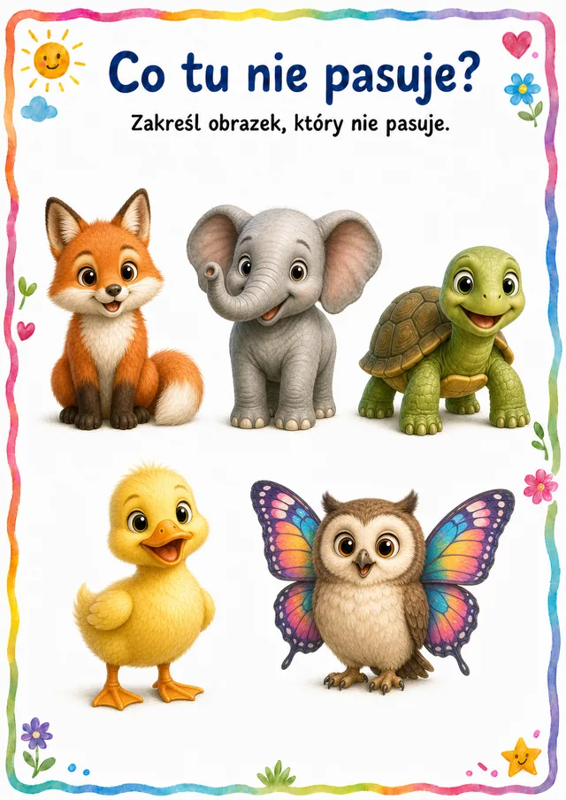 Co tu nie pasuje — zestaw 12 (6 kart) – karta pracy do druku dla dzieci (4–6 lat)