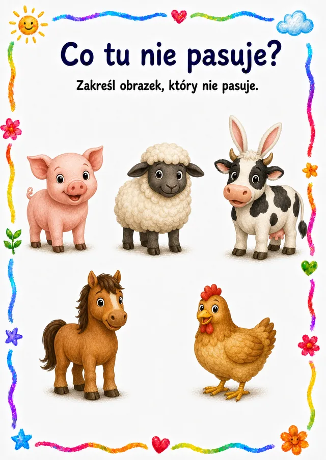 Co tu nie pasuje — zestaw 13 (6 kart) – karta pracy do druku dla dzieci (4–6 lat)