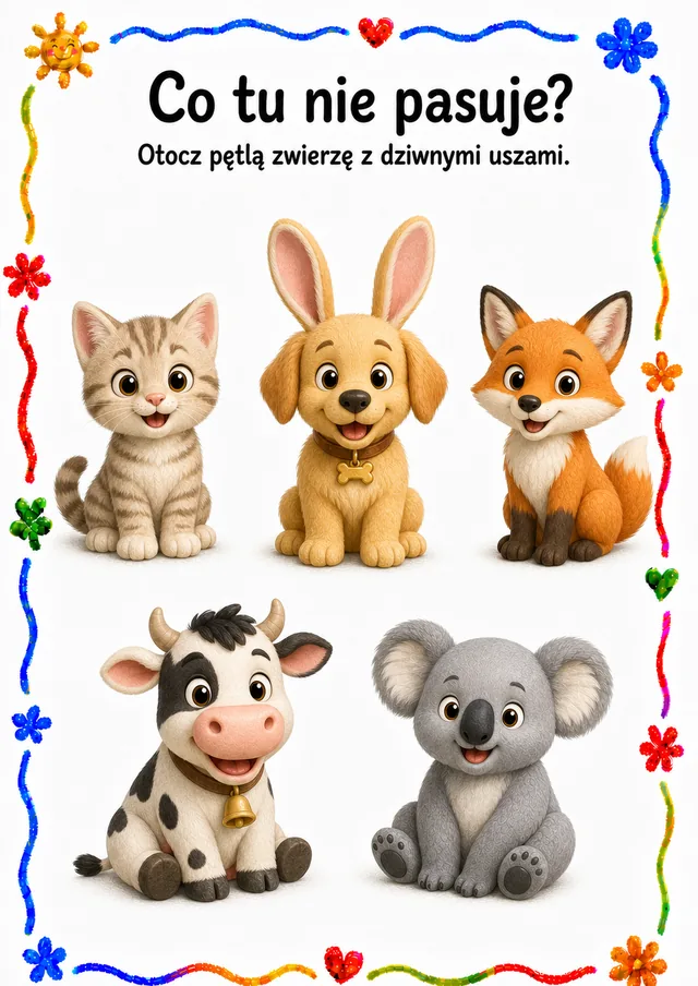 Co tu nie pasuje — zestaw 16 (6 kart) – karta pracy do druku dla dzieci (4–6 lat)