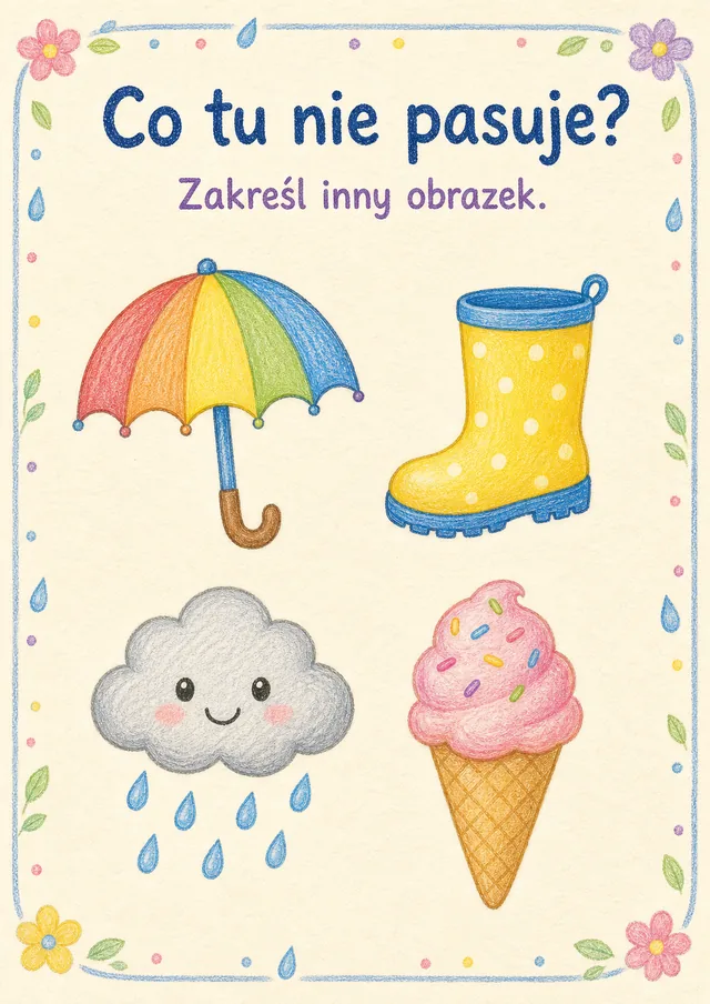 Co tu nie pasuje — zestaw 18 (3 kart) – karta pracy do druku dla dzieci (4–6 lat)