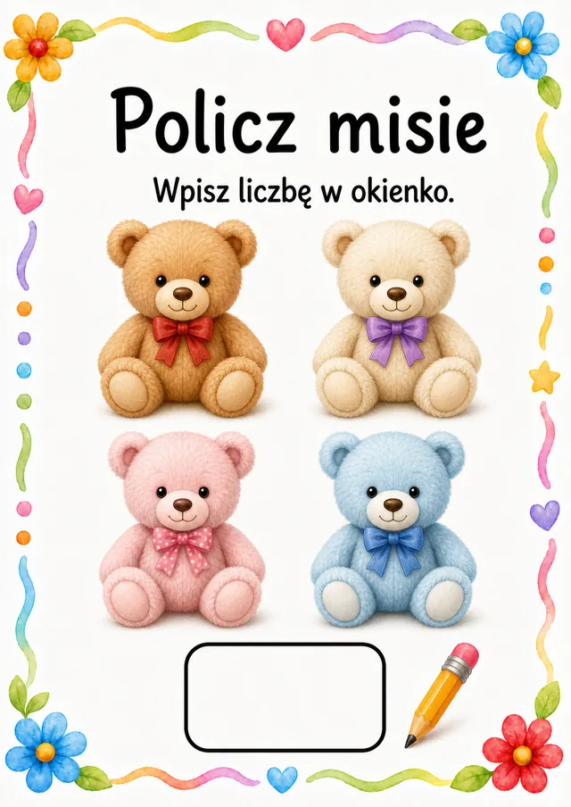 Liczby / przeliczanie — zestaw 3 (6 kart) – karta pracy do druku dla dzieci (4–6 lat)