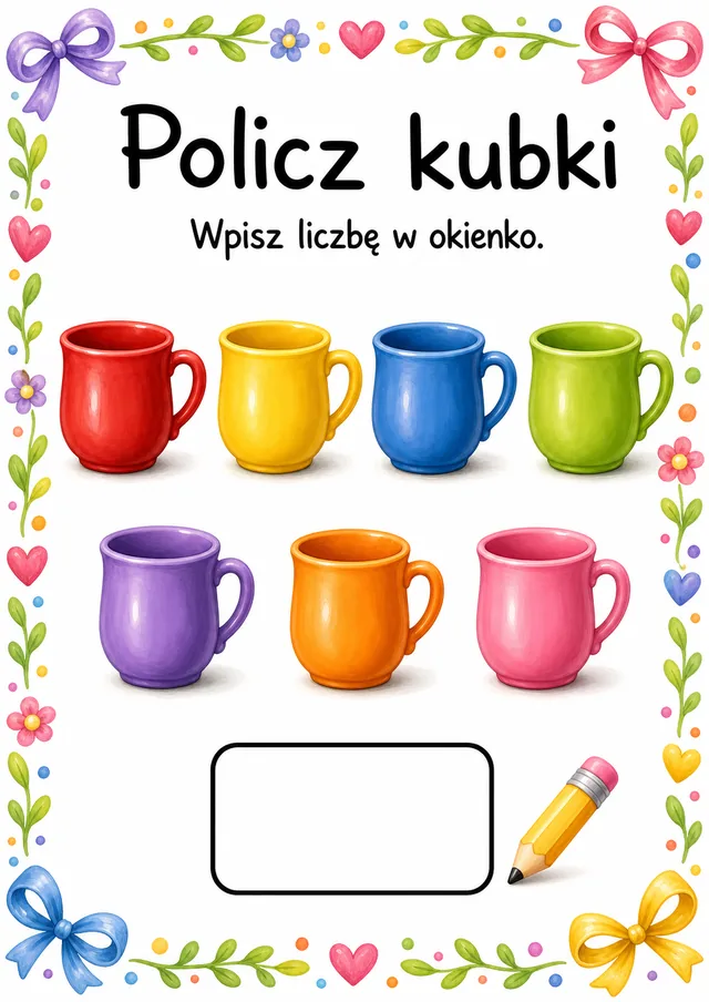 Liczby / przeliczanie — zestaw 5 (6 kart) – karta pracy do druku dla dzieci (4–6 lat)