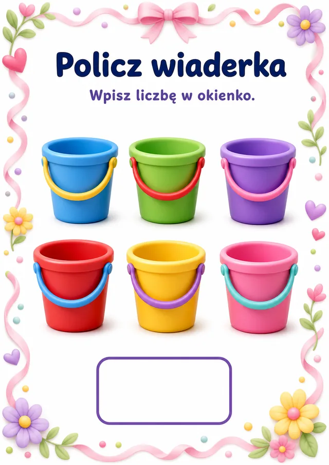 Liczby / przeliczanie — zestaw 7 (6 kart) – karta pracy do druku dla dzieci (4–6 lat)