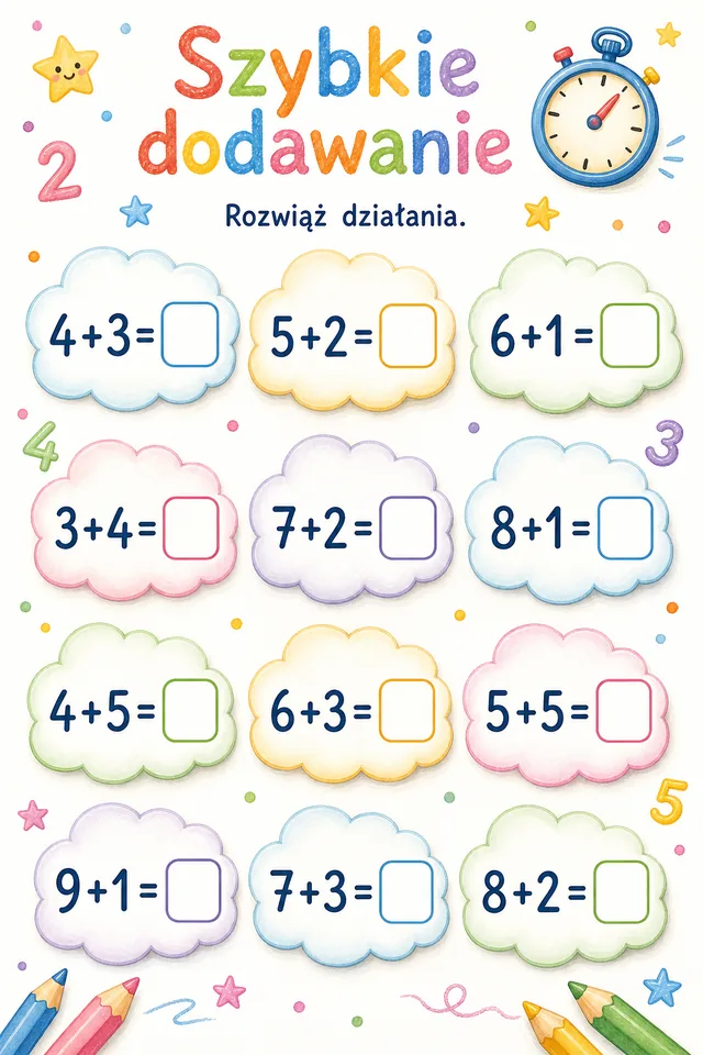 Działania matematyczne — zestaw 1 (6 kart) – karta pracy do druku dla dzieci (6–8 lat)