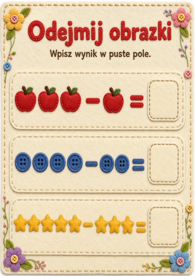 Działania matematyczne — zestaw 2 (6 kart) – karta pracy do druku dla dzieci (5–7 lat)