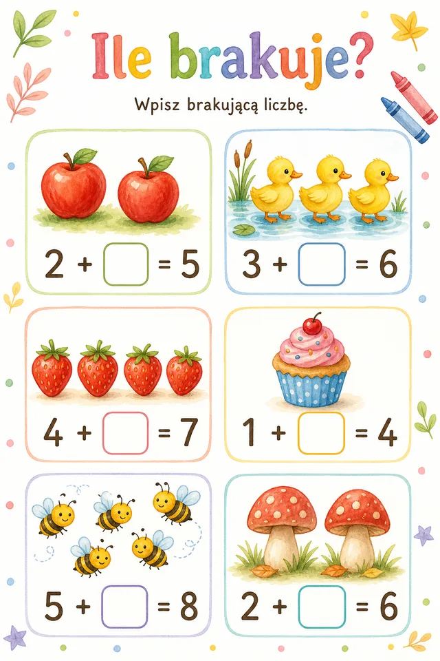 Działania matematyczne — zestaw 3 (6 kart) – karta pracy do druku dla dzieci (5–7 lat)