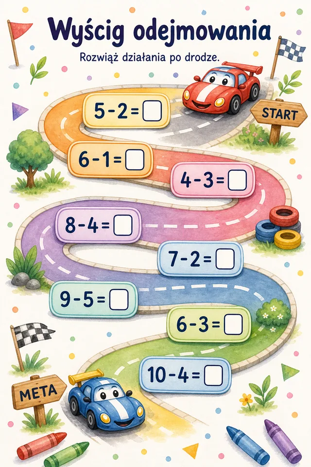 Odejmowanie — zestaw 1 (3 kart) – karta pracy do druku dla dzieci (6–8 lat)