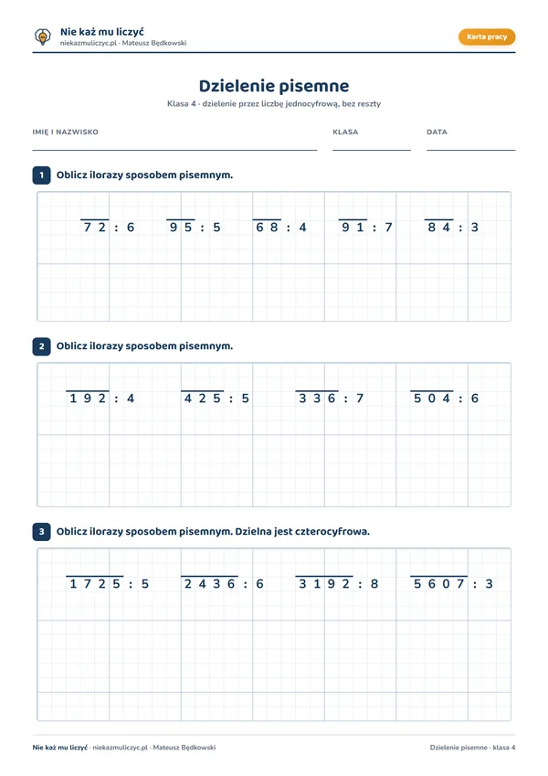 Dzielenie pisemne — karta pracy klasa 4 do druku