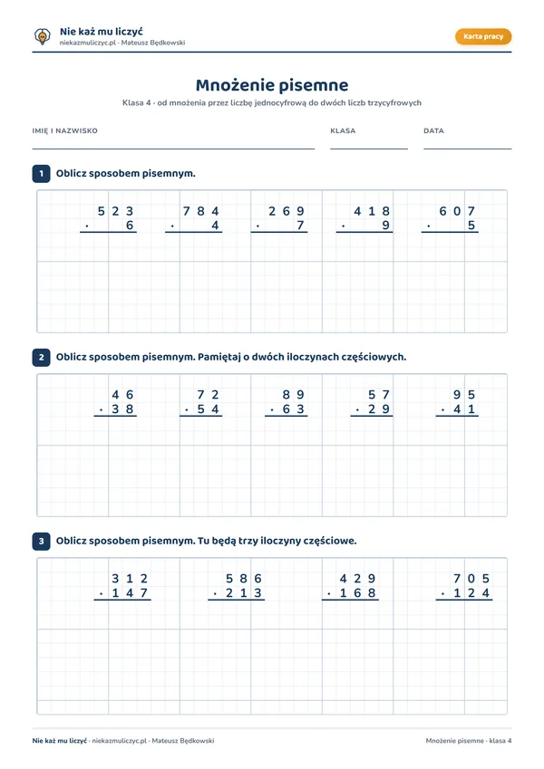 Mnożenie pisemne — karta pracy klasa 4 do druku