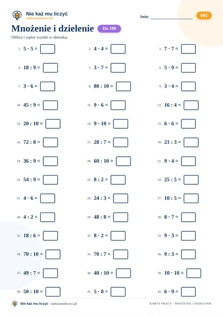 Mnożenie i dzielenie do 100 – karta pracy do druku PDF