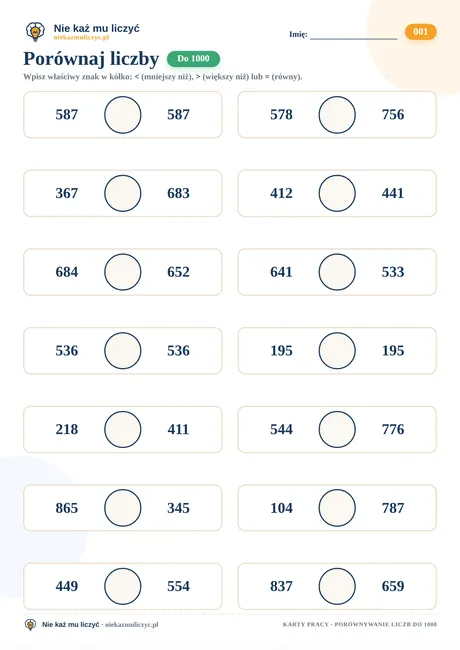 Porównaj liczby do 1000 – karta pracy do druku PDF