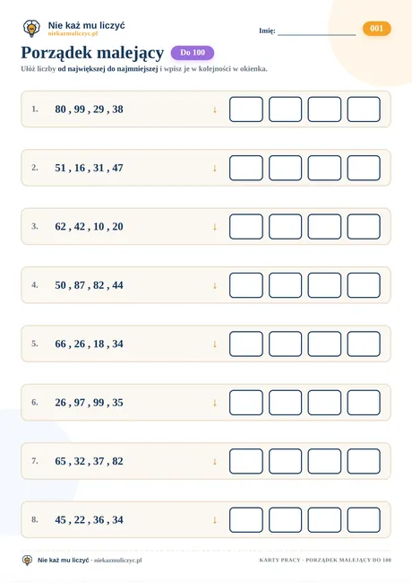 Porządek malejący do 100 – karta pracy do druku PDF