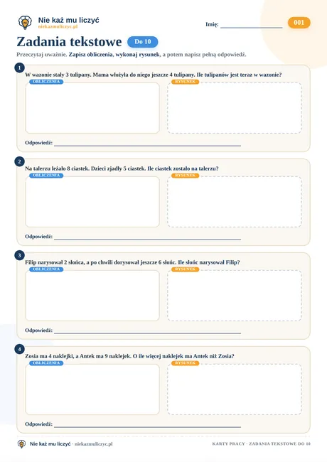 Zadania tekstowe do 10 – karta pracy do druku PDF