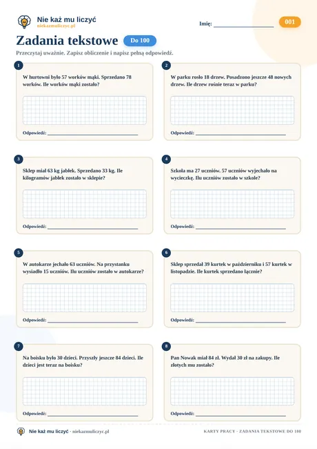 Zadania tekstowe do 100 – karta pracy do druku PDF