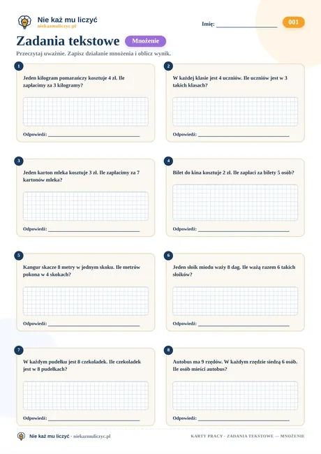 Zadania tekstowe — mnożenie – karta pracy do druku PDF