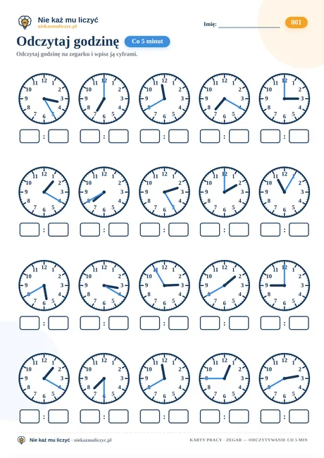 Odczytaj godzinę — co 5 minut – karta pracy do druku PDF