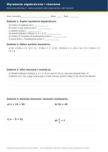 Pierwsza strona karty pracy: Wyrażenia algebraiczne i równania