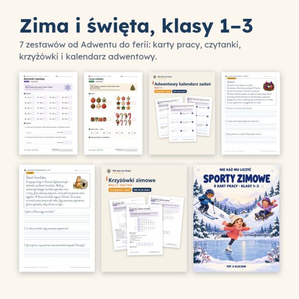Okładka: Zima i święta, klasy 1–3 — komplet 7 zestawów PDF z kluczem