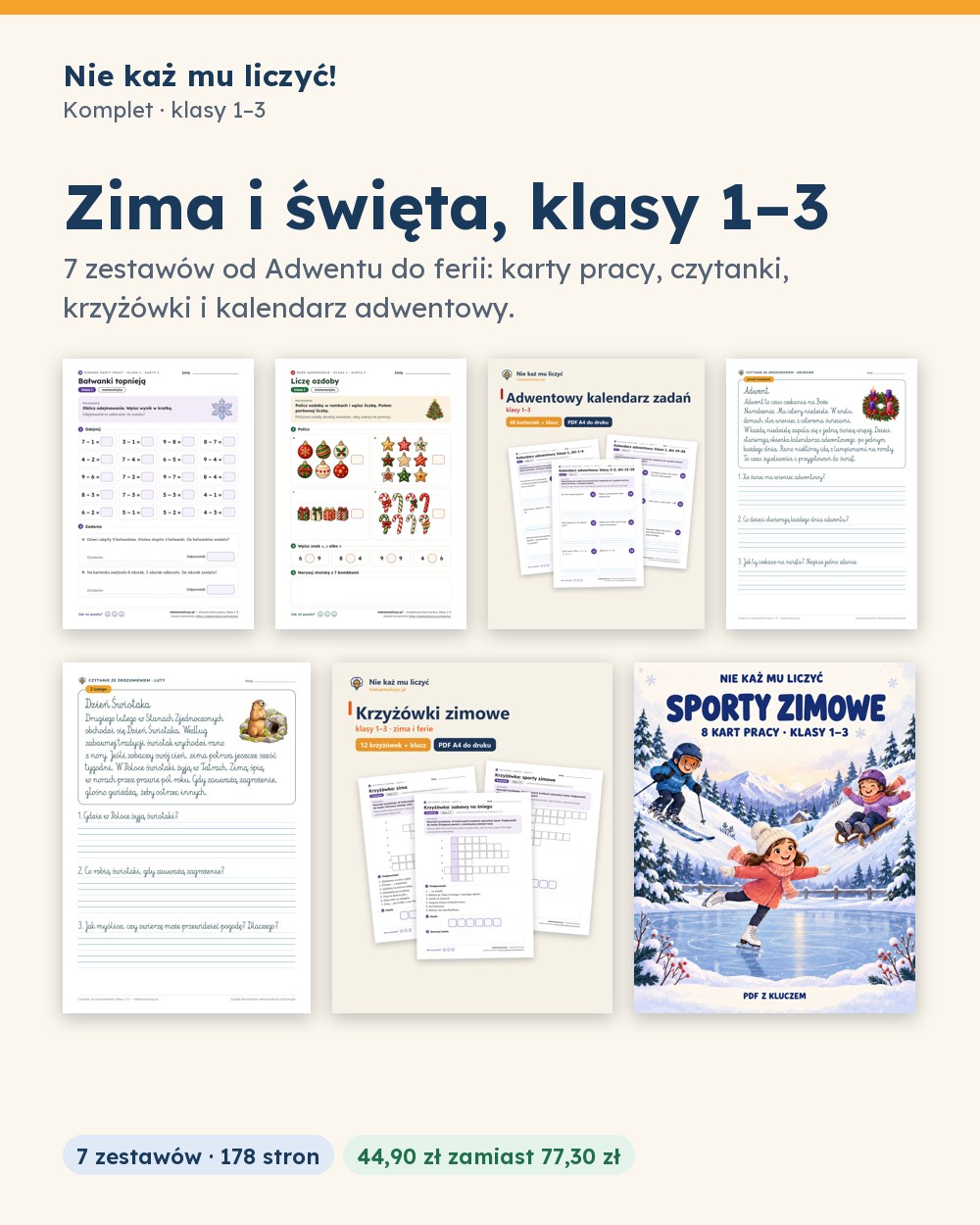 Zima i święta, klasy 1–3 — komplet 7 zestawów PDF z kluczem — okładka