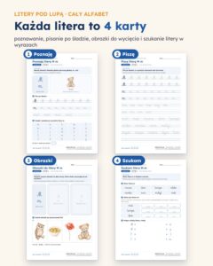 Litery pod lupą — cały alfabet, 116 kart pracy PDF z kluczem — cztery karty do każdej litery