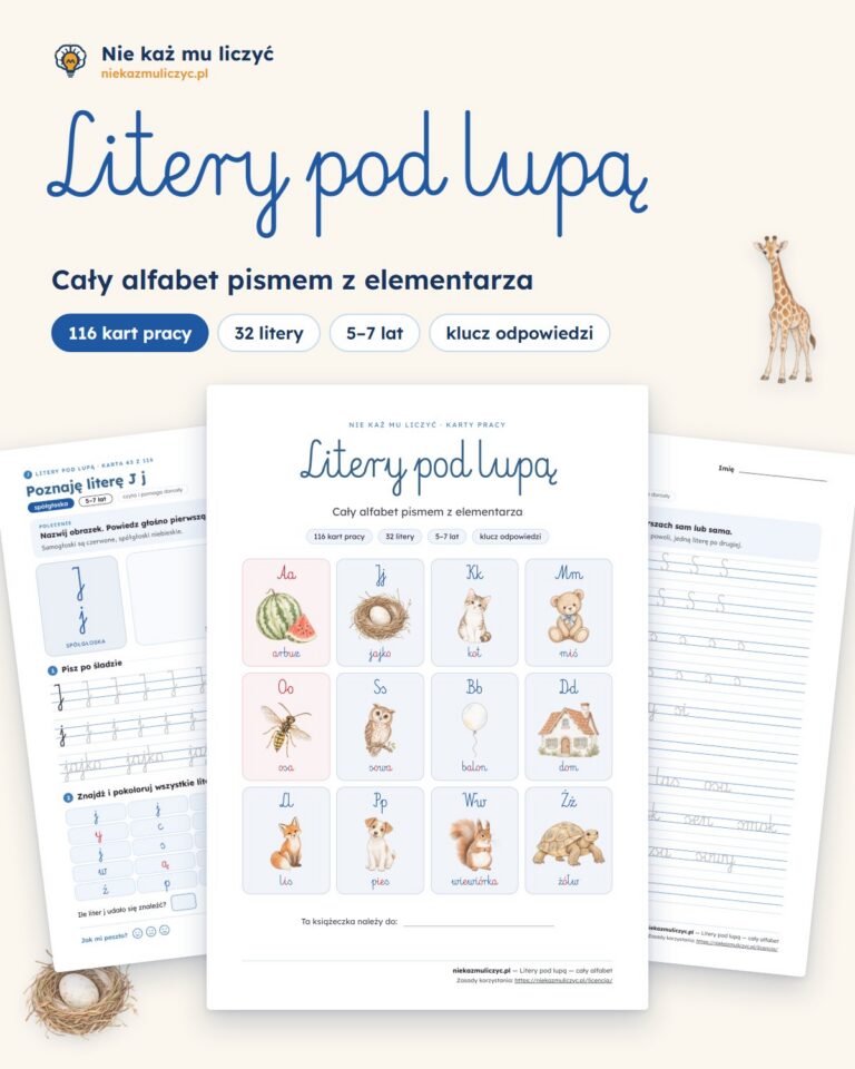 Litery pod lupą — cały alfabet, 116 kart pracy PDF z kluczem — okładka