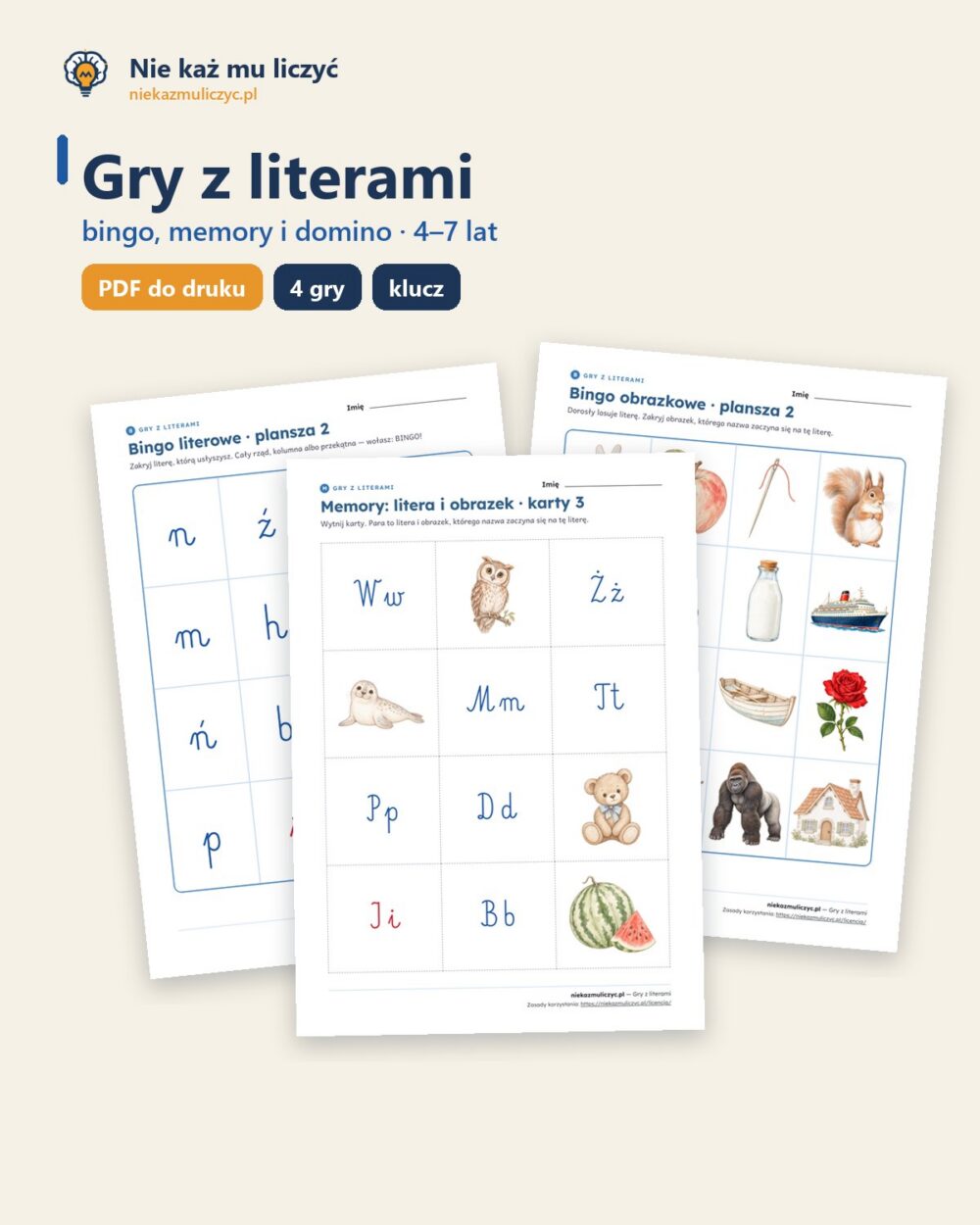 Gry z literami: bingo, memory i domino — 27 kart PDF, 4–7 lat — okładka