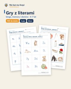Gry z literami: bingo, memory i domino — 27 kart PDF, 4–7 lat — okładka