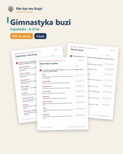 Gimnastyka buzi, języka i oddechu, 4–8 lat — 6 kart logopedycznych PDF — okładka