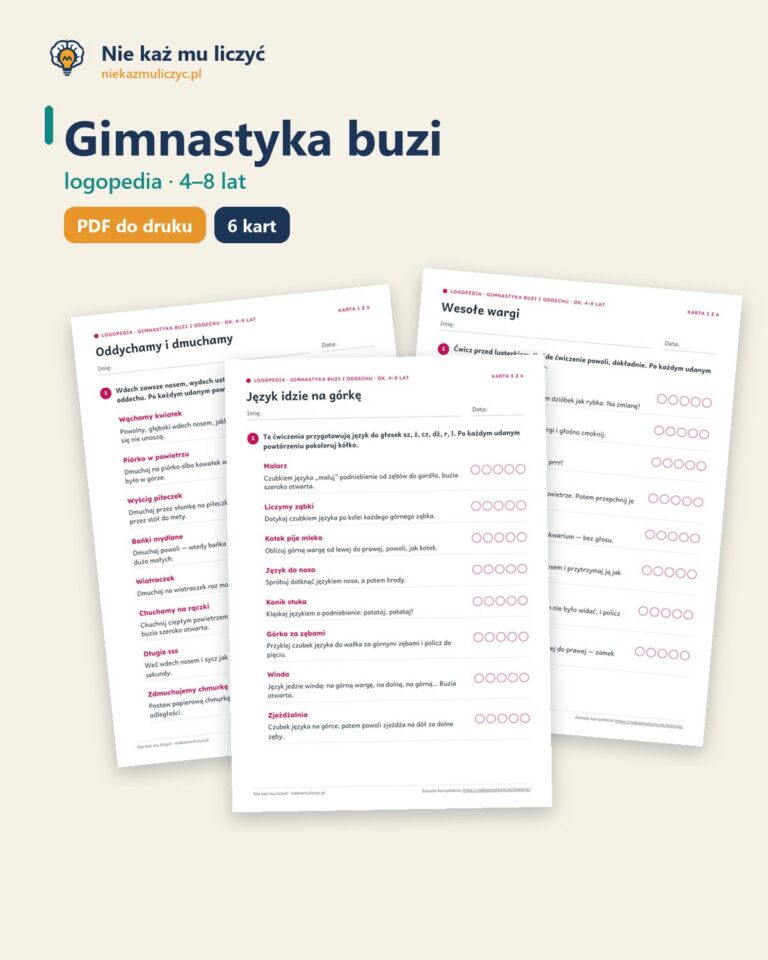 Gimnastyka buzi, języka i oddechu, 4–8 lat — 6 kart logopedycznych PDF — okładka