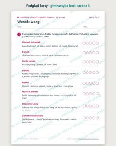 Gimnastyka buzi, języka i oddechu, 4–8 lat — 6 kart logopedycznych PDF — podgląd karty, strona 3