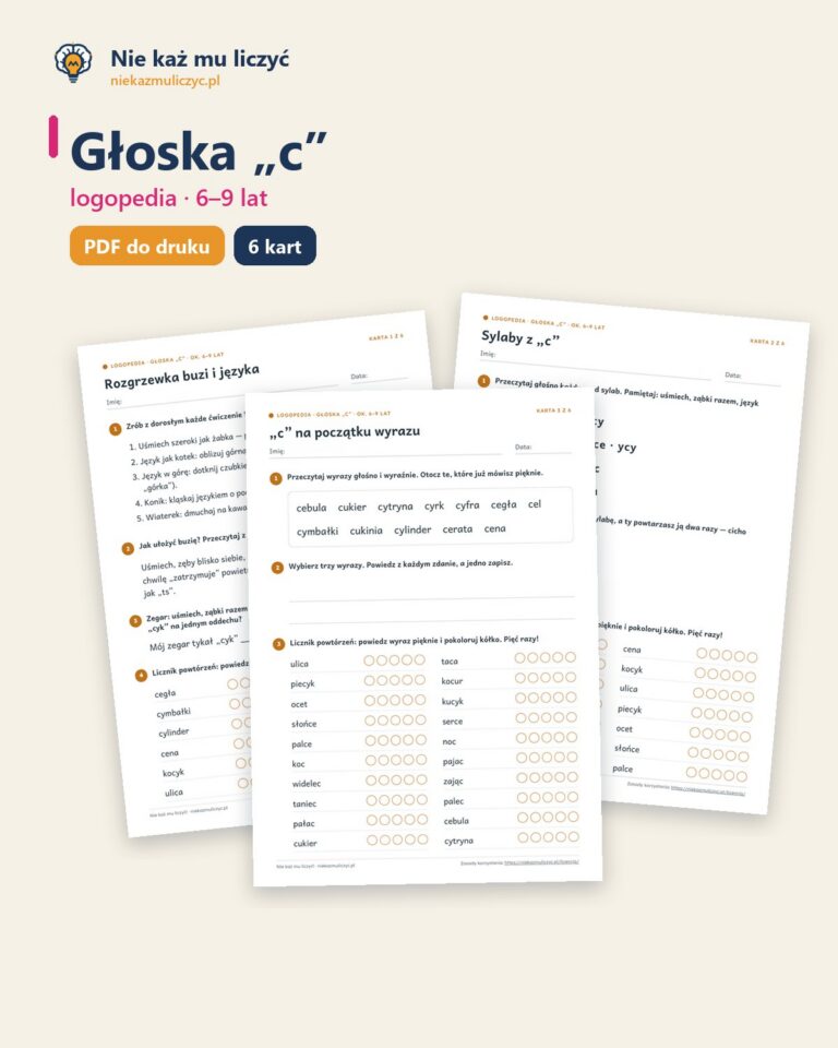 Głoska „c” — ćwiczenia logopedyczne, 6–9 lat, 6 kart PDF — okładka