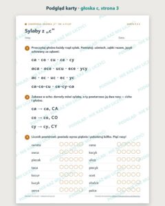 Głoska „c” — ćwiczenia logopedyczne, 6–9 lat, 6 kart PDF — podgląd karty, strona 3