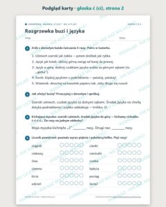 Głoska „ć (ci)” — ćwiczenia logopedyczne, 6–9 lat, 6 kart PDF — podgląd karty, strona 2