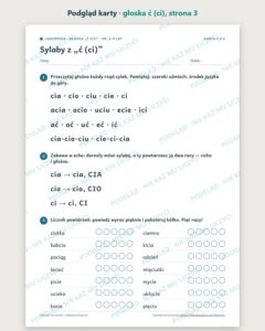 Głoska „ć (ci)” — ćwiczenia logopedyczne, 6–9 lat, 6 kart PDF — podgląd karty, strona 3