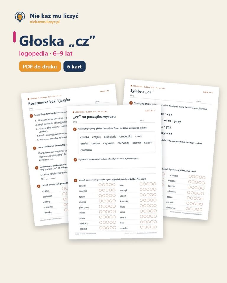 Głoska „cz” — ćwiczenia logopedyczne, 6–9 lat, 6 kart PDF — okładka