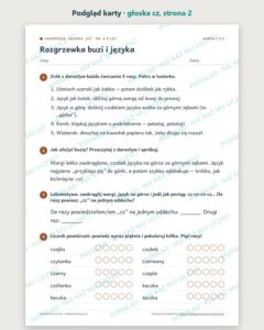 Głoska „cz” — ćwiczenia logopedyczne, 6–9 lat, 6 kart PDF — podgląd karty, strona 2