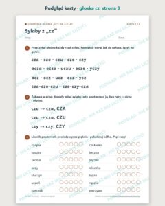Głoska „cz” — ćwiczenia logopedyczne, 6–9 lat, 6 kart PDF — podgląd karty, strona 3
