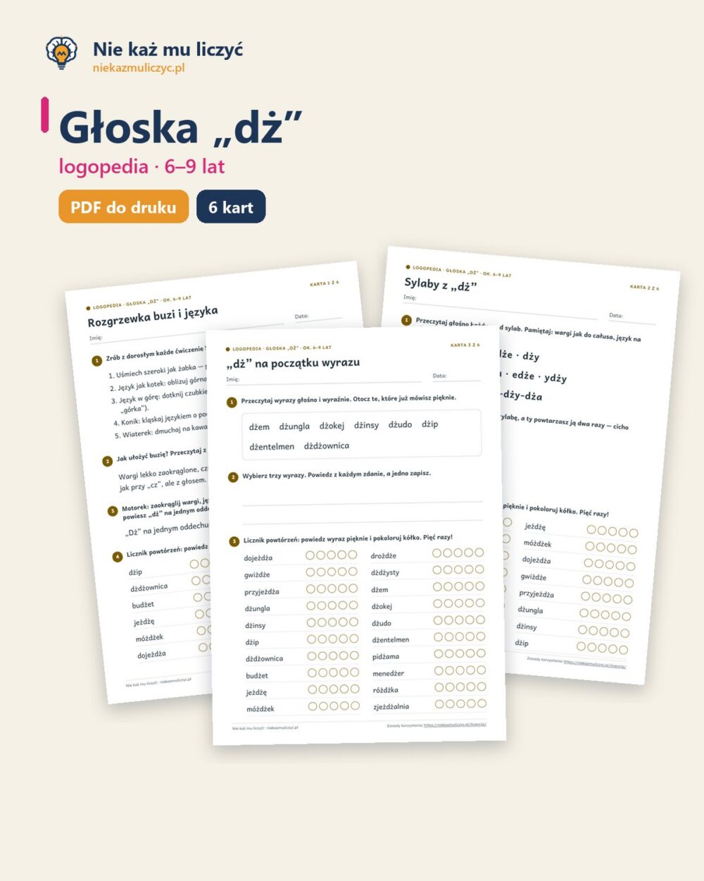 Głoska „dż” — ćwiczenia logopedyczne, 6–9 lat, 6 kart PDF — okładka