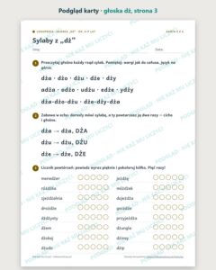 Głoska „dż” — ćwiczenia logopedyczne, 6–9 lat, 6 kart PDF — podgląd karty, strona 3