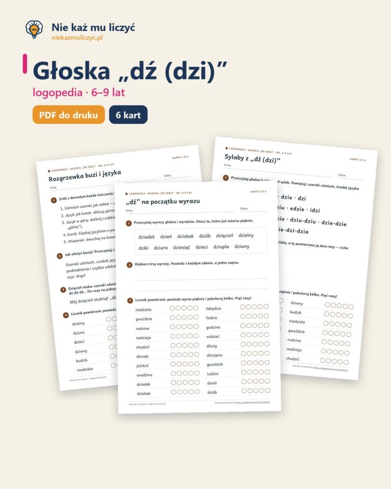 Głoska „dź (dzi)” — ćwiczenia logopedyczne, 6–9 lat, 6 kart PDF — okładka