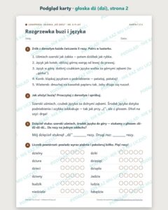 Głoska „dź (dzi)” — ćwiczenia logopedyczne, 6–9 lat, 6 kart PDF — podgląd karty, strona 2