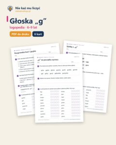 Głoska „g” — ćwiczenia logopedyczne, 6–9 lat, 6 kart PDF — okładka